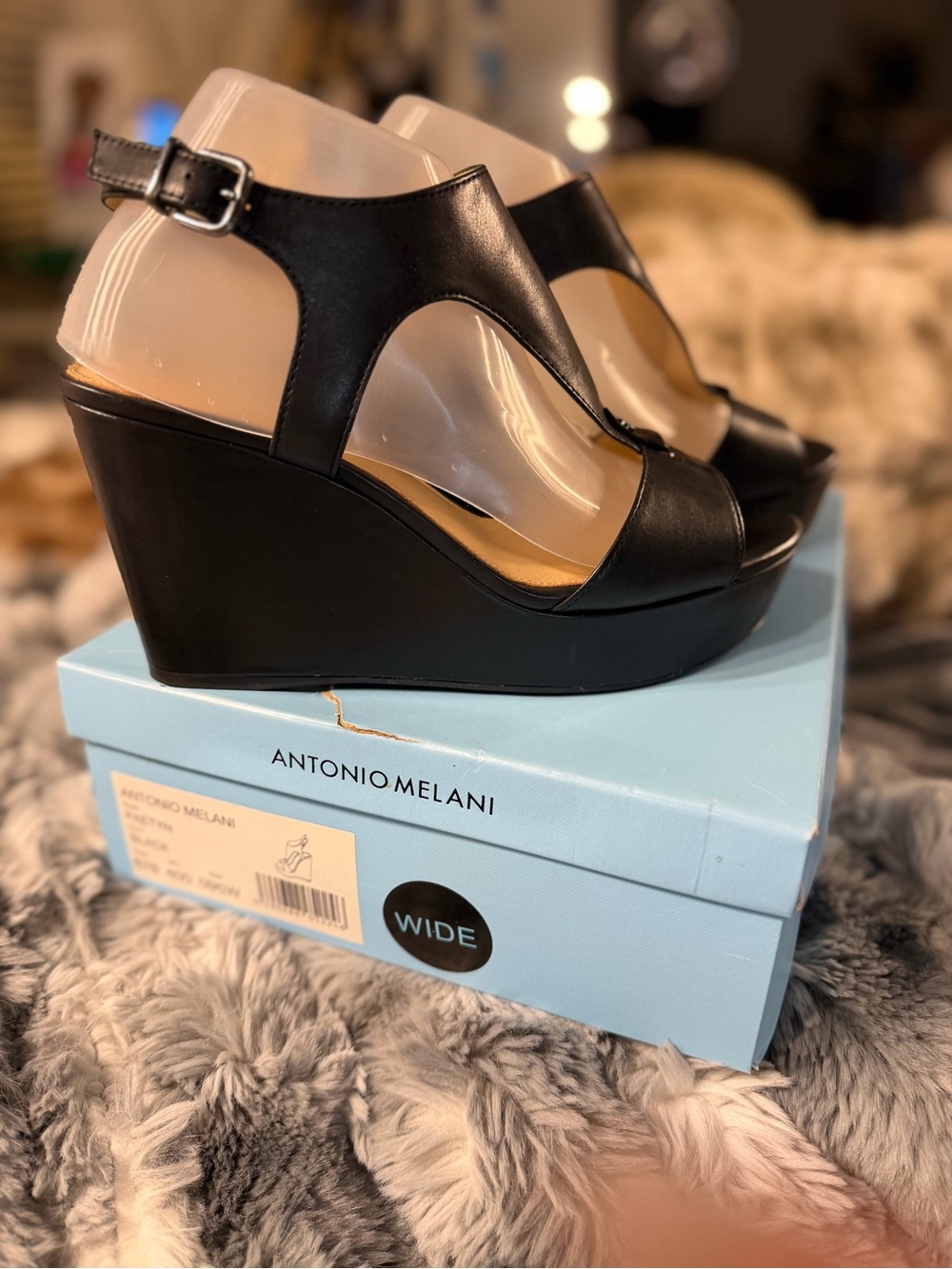 NWT Antonio Melani Paetyn Black Wedge Platform Sandals Wide Size 9.5W $50